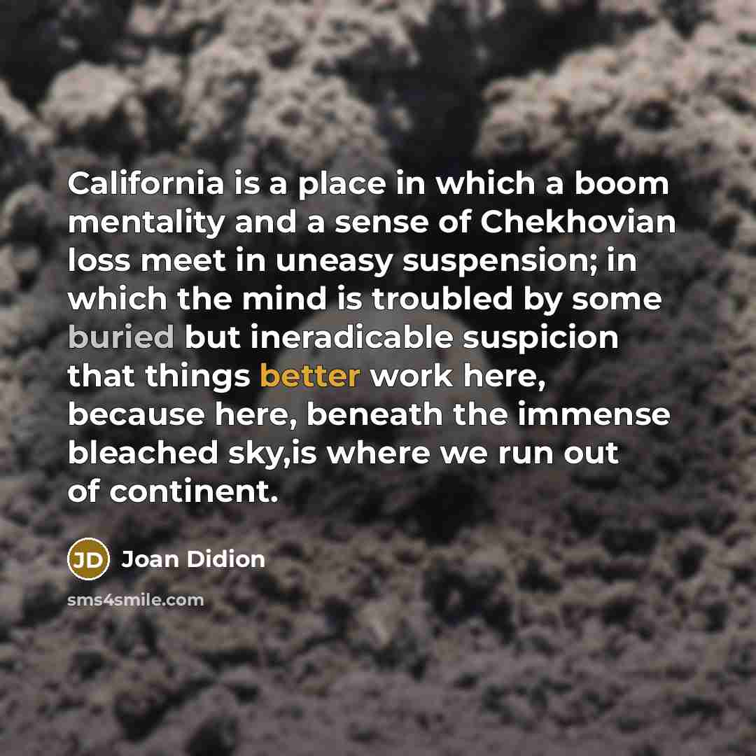 “California is a place in which a boom mentality and a sense of Chekhovian loss meet in uneasy suspension; in which the mind is troubled by some buried but ineradicable suspicion that things better work here, because here, beneath the immense bleached sky,is where we run out of continent.” quote by Joan Didion