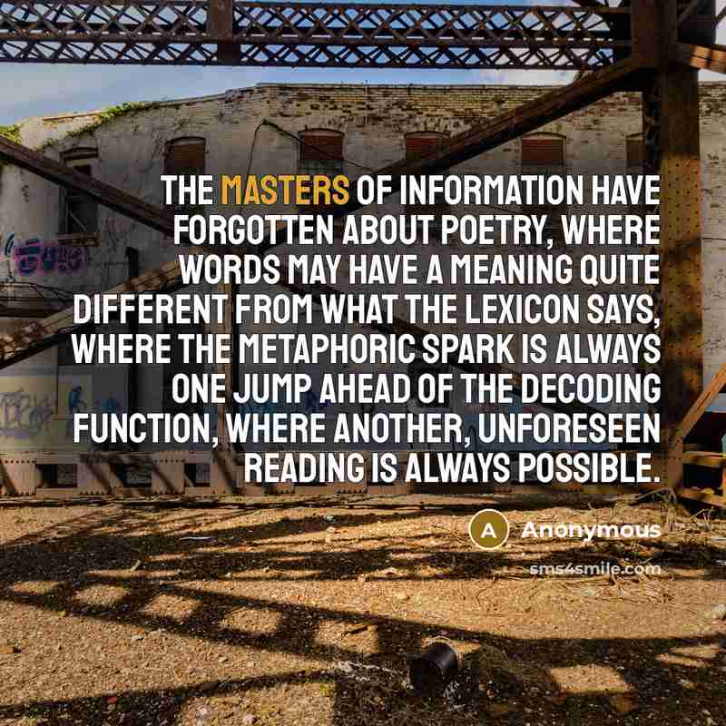 “The masters of information have forgotten about poetry, where words may have a meaning quite different from what the lexicon says, where the metaphoric spark is always one jump ahead of the decoding function, where another, unforeseen reading is always possible.” quote by Anonymous