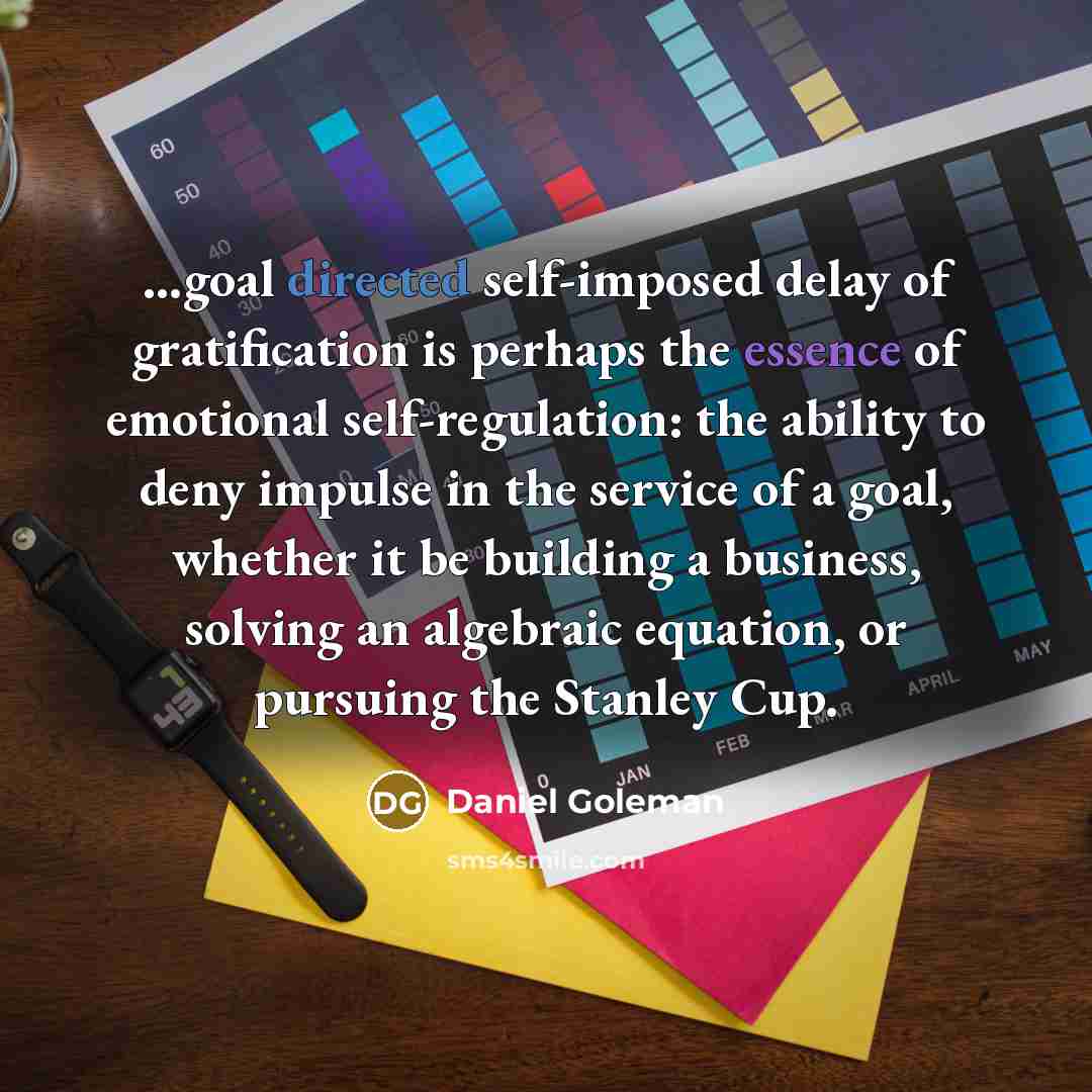 “…goal directed self-imposed delay of gratification is perhaps the essence of emotional self-regulation: the ability to deny impulse in the service of a goal, whether it be building a business, solving an algebraic equation, or pursuing the Stanley Cup.” quote by Daniel Goleman