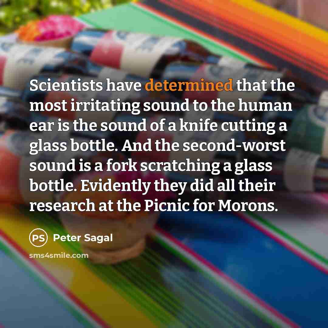 “Scientists have determined that the most irritating sound to the human ear is the sound of a knife cutting a glass bottle. And the second-worst sound is a fork scratching a glass bottle. Evidently they did all their research at the Picnic for Morons.” quote by Peter Sagal