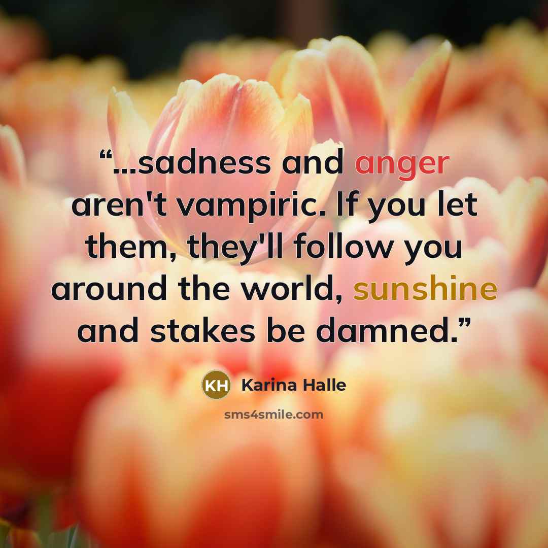 “...sadness and anger aren't vampiric. If you let them, they'll follow you around the world, sunshine and stakes be damned.” quote by Karina Halle