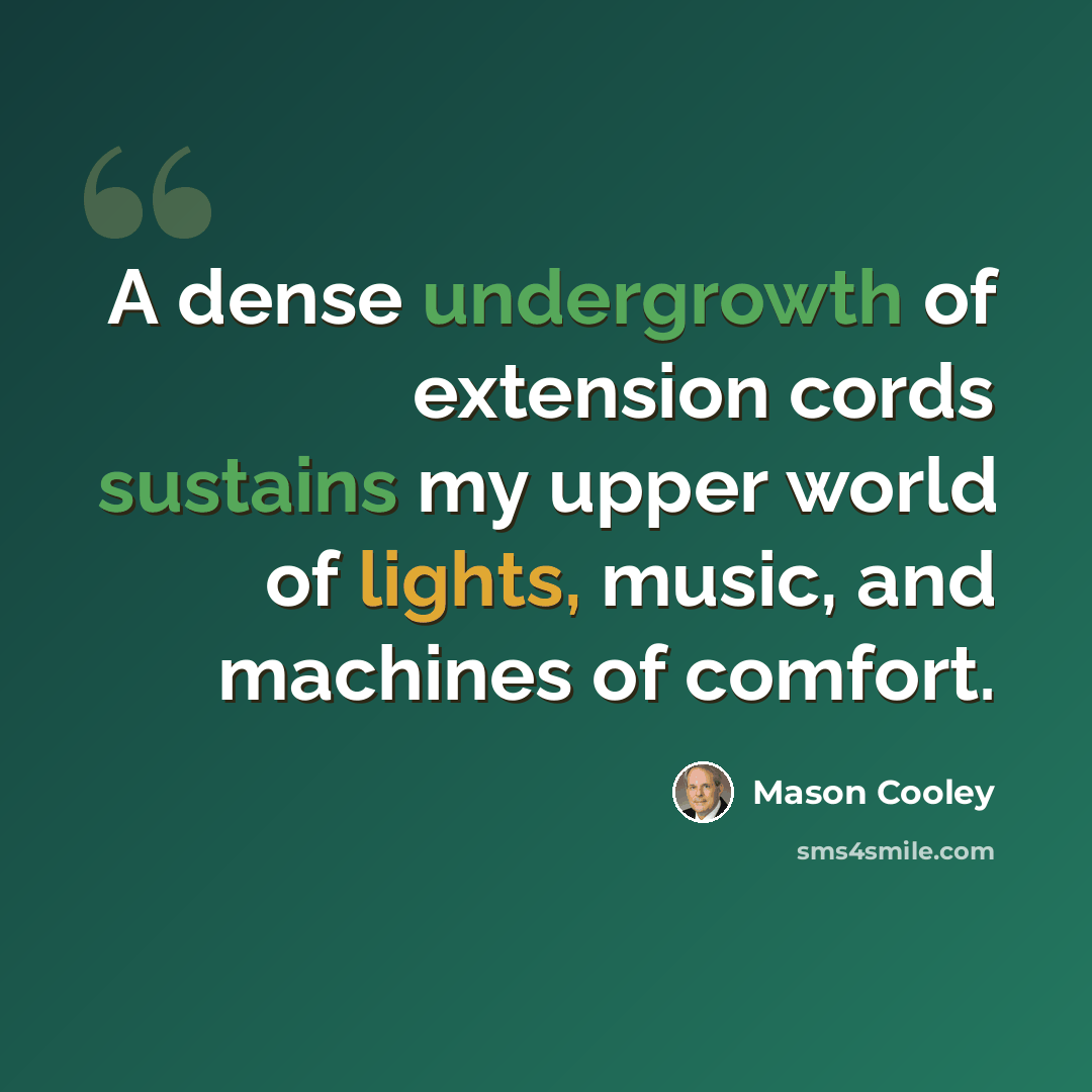 “A dense undergrowth of extension cords sustains my upper world of lights, music, and machines of comfort.” quote by Mason Cooley