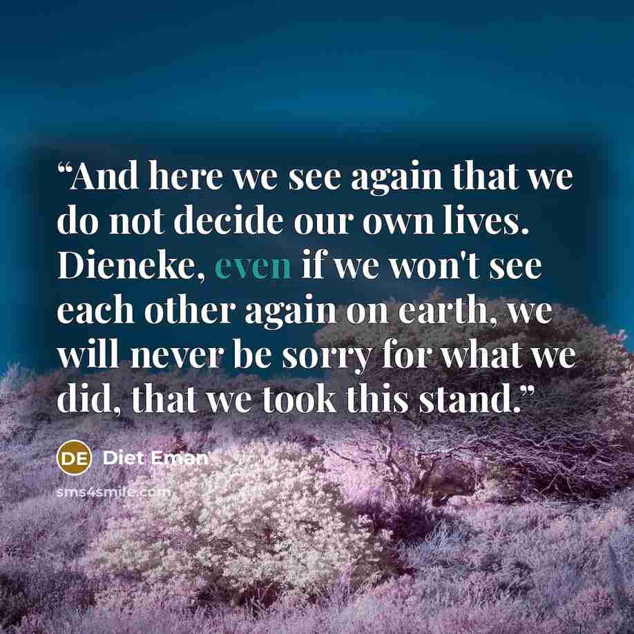 “And here we see again that we do not decide our own lives. Dieneke, even if we won't see each other again on earth, we will never be sorry for what we did, that we took this stand.” quote by Diet Eman