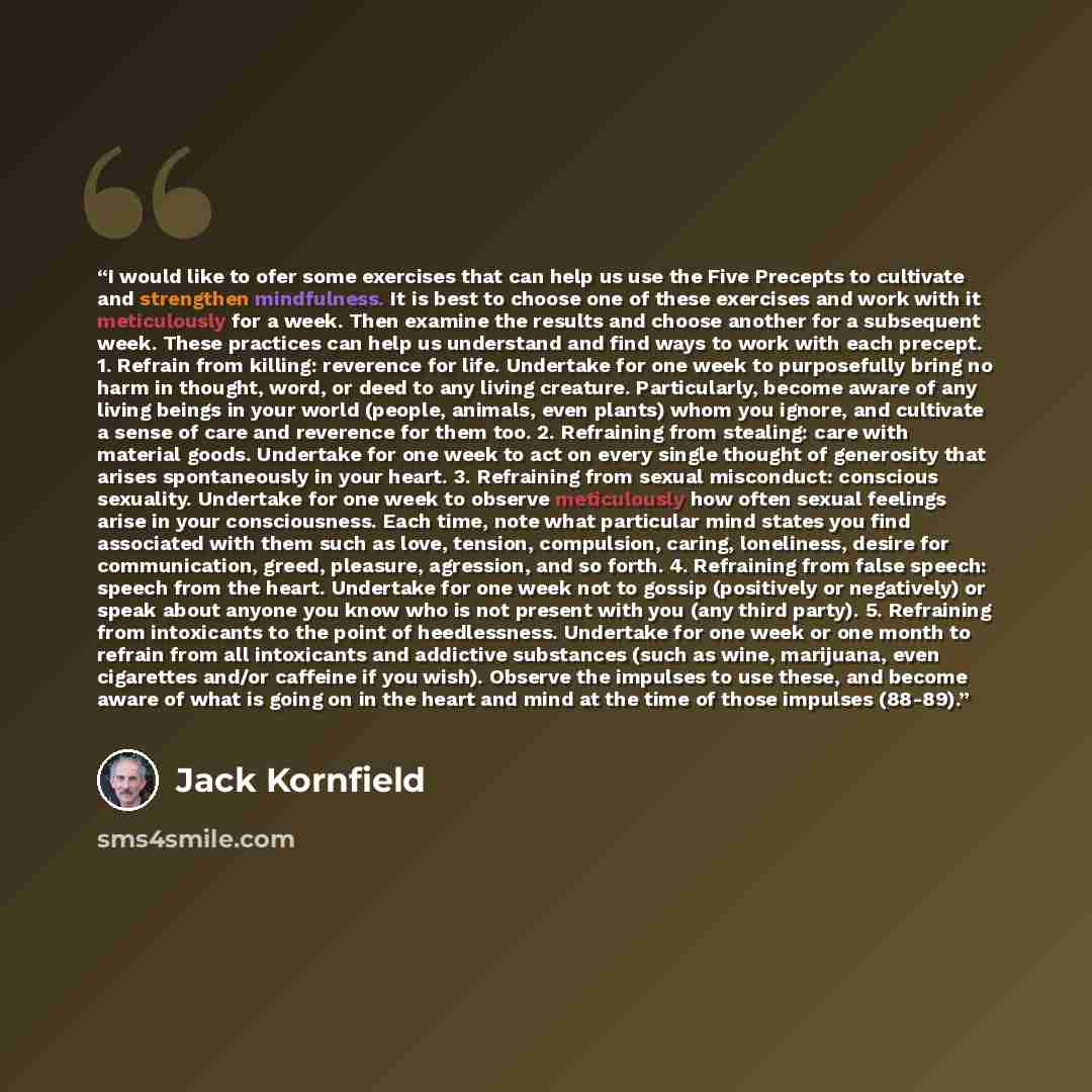 “I would like to ofer some exercises that can help us use the Five Precepts to cultivate and strengthen mindfulness. It is best to choose one of these exercises and work with it meticulously for a week. Then examine the results and choose another for a subsequent week. These practices can help us…” quote by Jack Kornfield