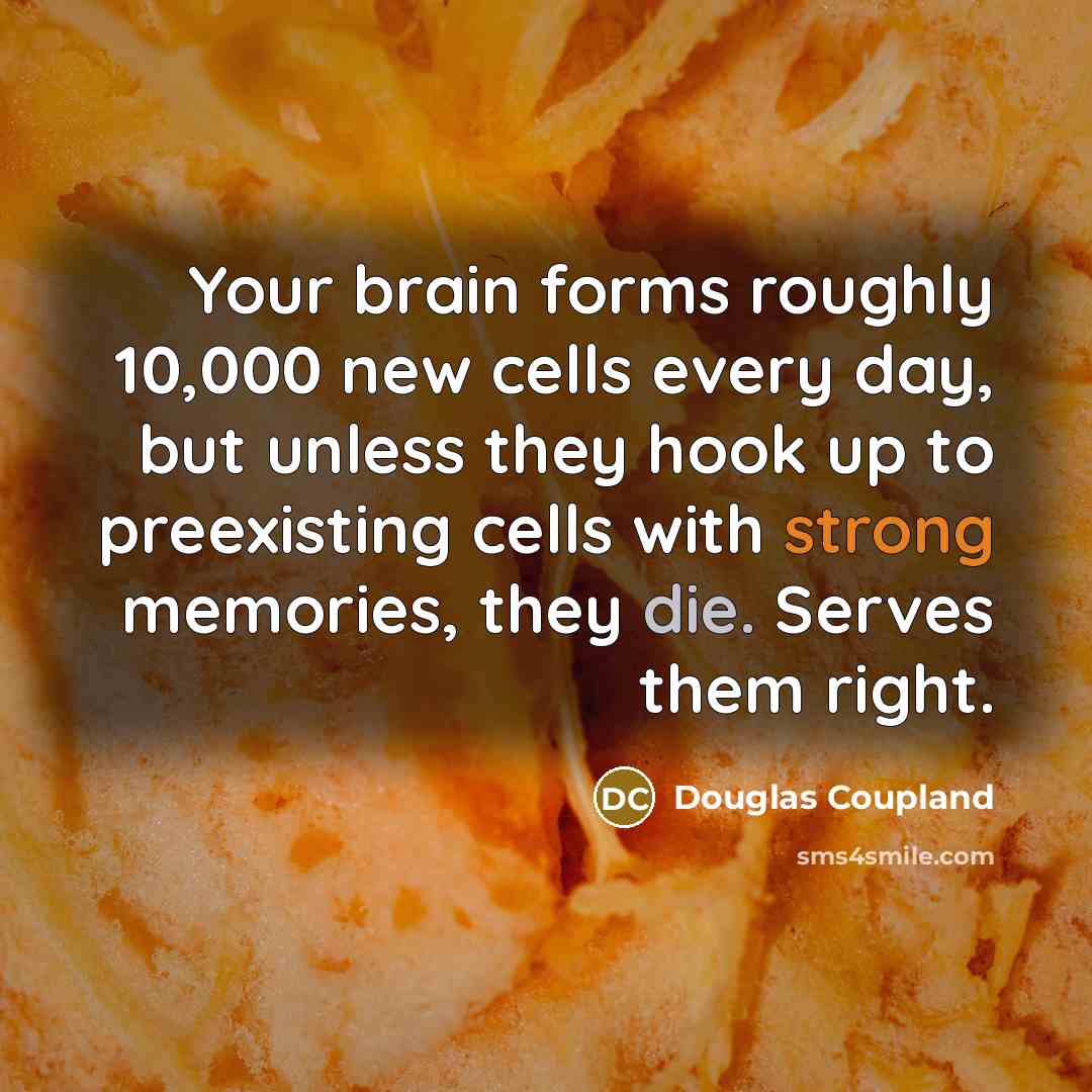 “Your brain forms roughly 10,000 new cells every day, but unless they hook up to preexisting cells with strong memories, they die. Serves them right.” quote by Douglas Coupland