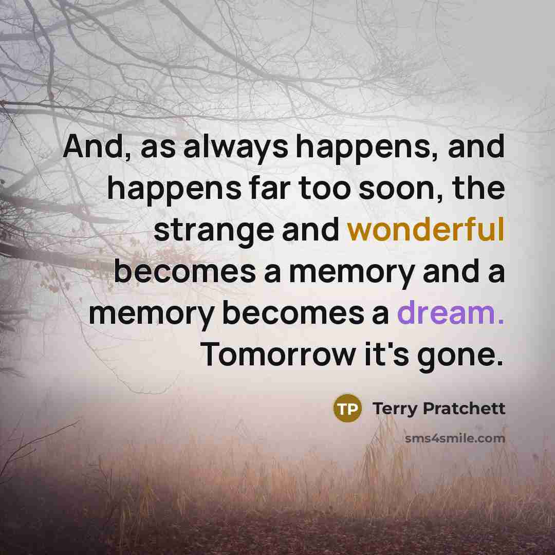 “And, as always happens, and happens far too soon, the strange and wonderful becomes a memory and a memory becomes a dream. Tomorrow it's gone.” quote by Terry Pratchett