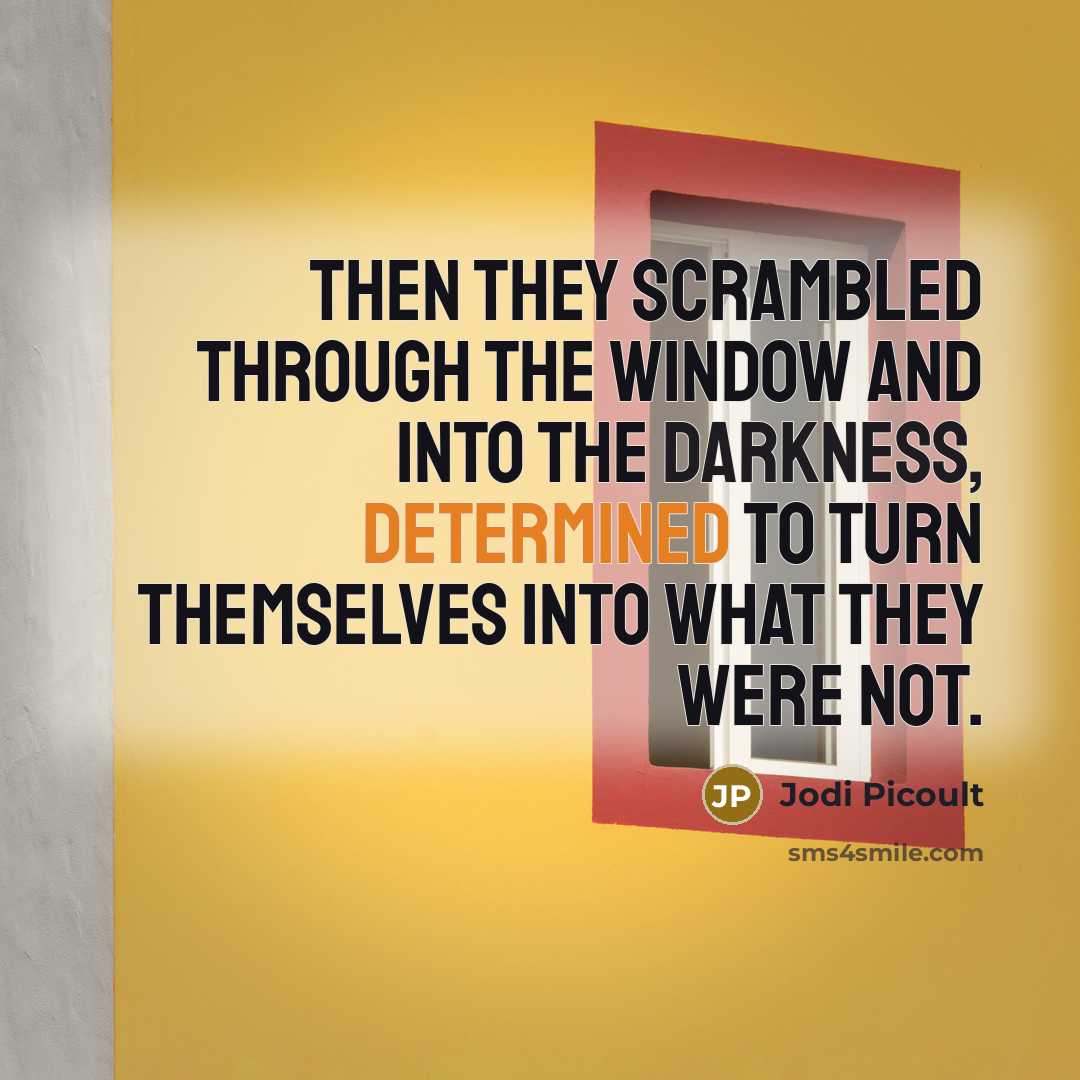 “Then they scrambled through the window and into the darkness, determined to turn themselves into what they were not.” quote by Jodi Picoult