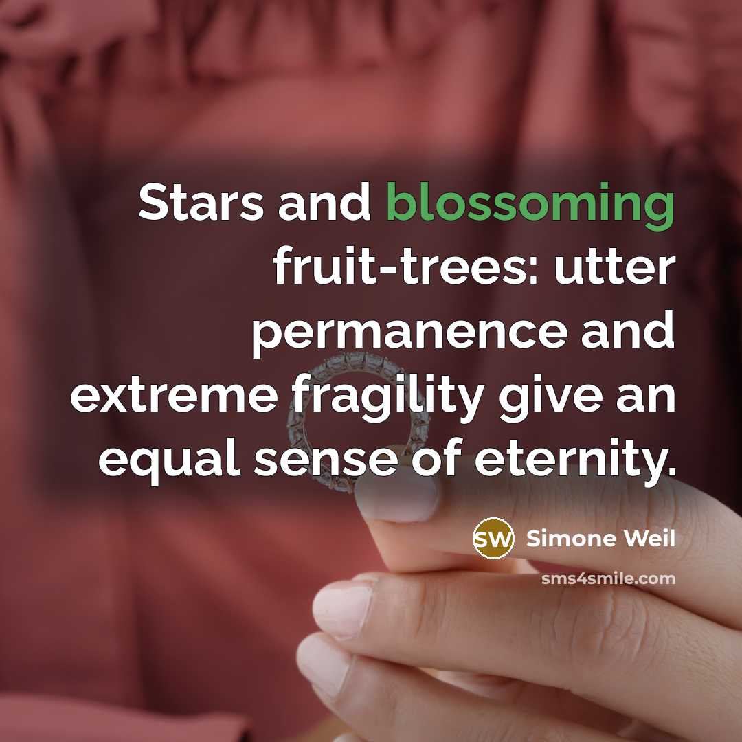 “Stars and blossoming fruit-trees: utter permanence and extreme fragility give an equal sense of eternity.” quote by Simone Weil
