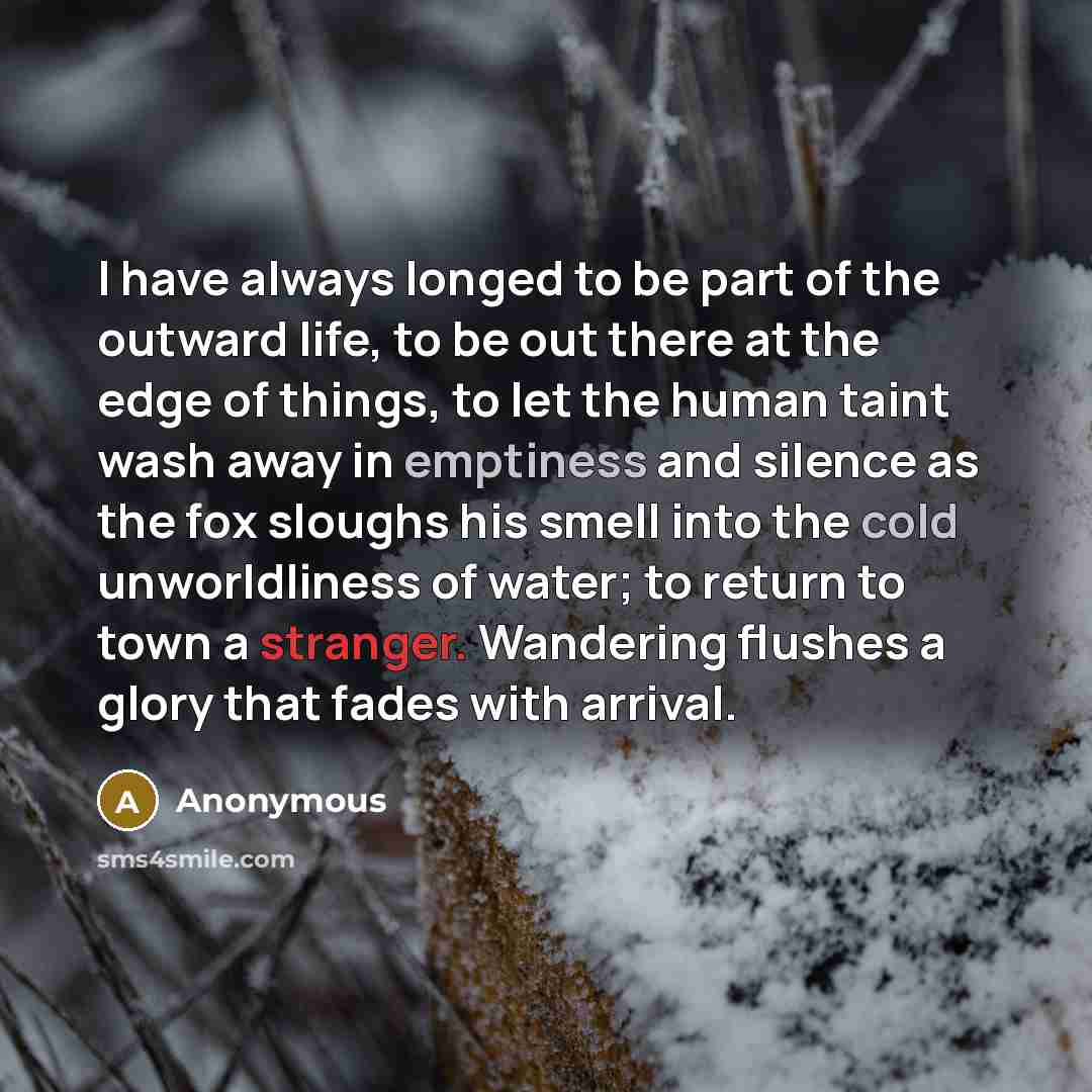 “I have always longed to be part of the outward life, to be out there at the edge of things, to let the human taint wash away in emptiness and silence as the fox sloughs his smell into the cold unworldliness of water; to return to town a stranger. Wandering flushes a glory that fades with arrival.” quote by Anonymous