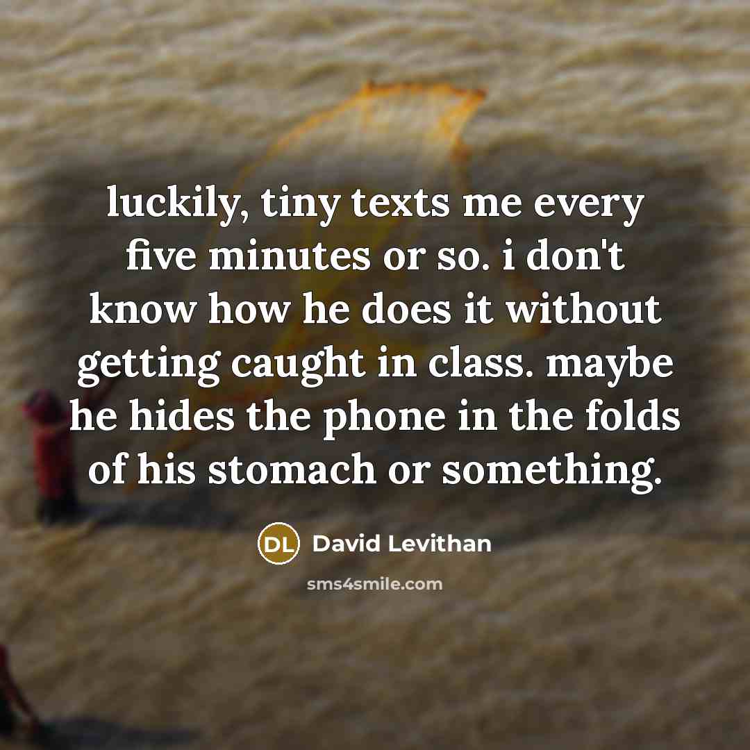 “luckily, tiny texts me every five minutes or so. i don't know how he does it without getting caught in class. maybe he hides the phone in the folds of his stomach or something.” quote by David Levithan