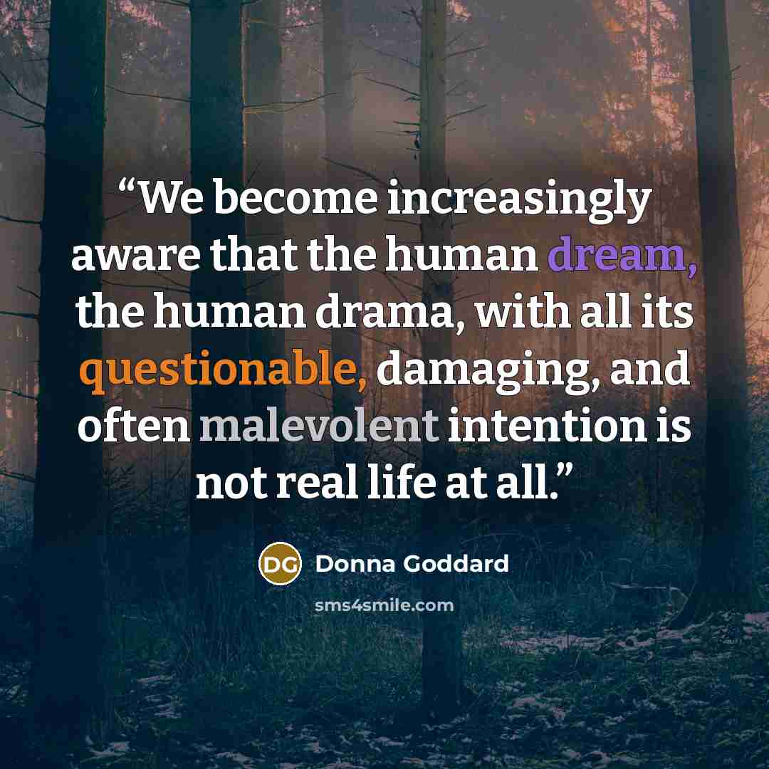 “We become increasingly aware that the human dream, the human drama, with all its questionable, damaging, and often malevolent intention is not real life at all.” quote by Donna Goddard