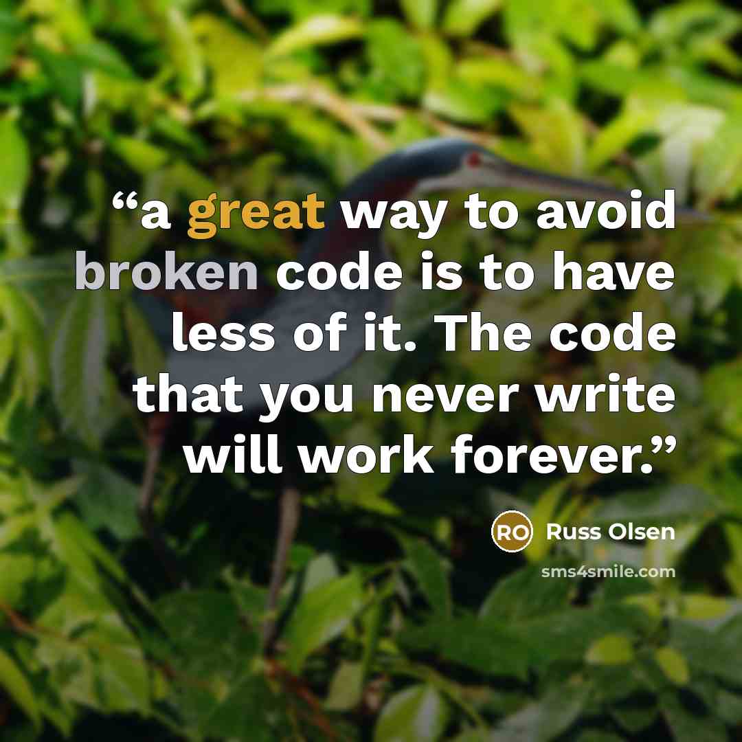 “a great way to avoid broken code is to have less of it. The code that you never write will work forever.” quote by Russ Olsen