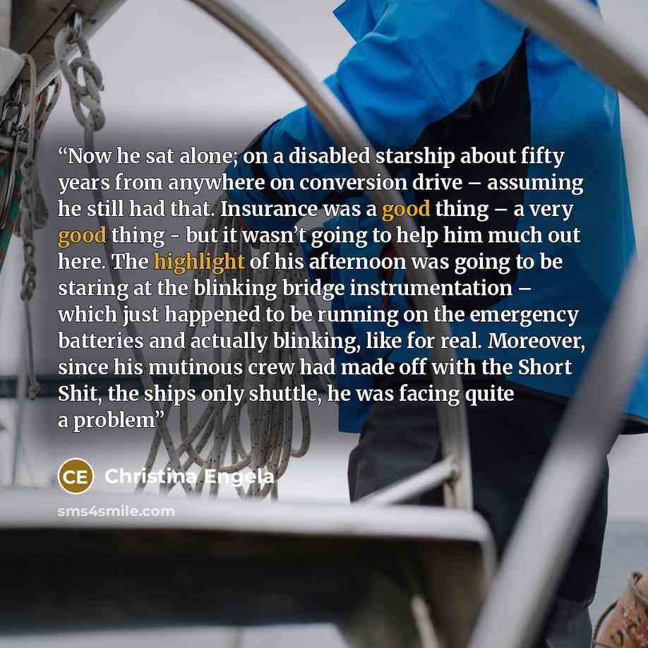 “Now he sat alone; on a disabled starship about fifty years from anywhere on conversion drive – assuming he still had that. Insurance was a good thing – a very good thing - but it wasn’t going to help him much out here. The highlight of his afternoon was going to be staring at the blinking bridge…” quote by Christina Engela