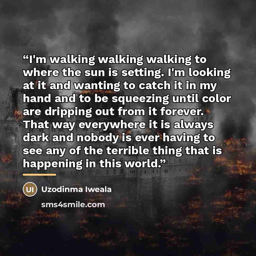 “I'm walking walking walking to where the sun is setting. I'm looking at it and wanting to catch it in my hand and to be squeezing until color are dripping out from it forever. That way everywhere it is always dark and nobody is ever having to see any of the terrible thing that is happening in this…” quote by uzodinma iweala