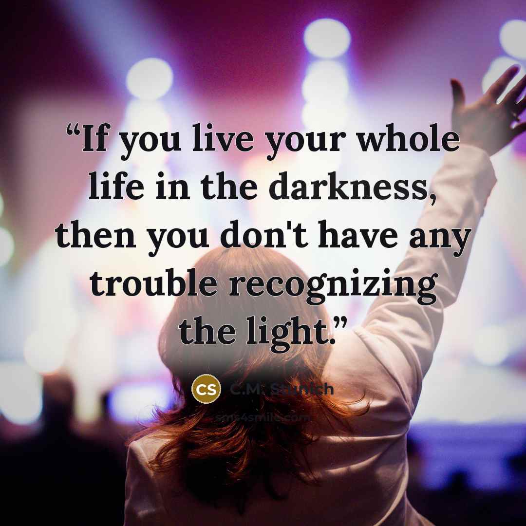 “If you live your whole life in the darkness, then you don't have any trouble recognizing the light.” quote by C.M. Stunich