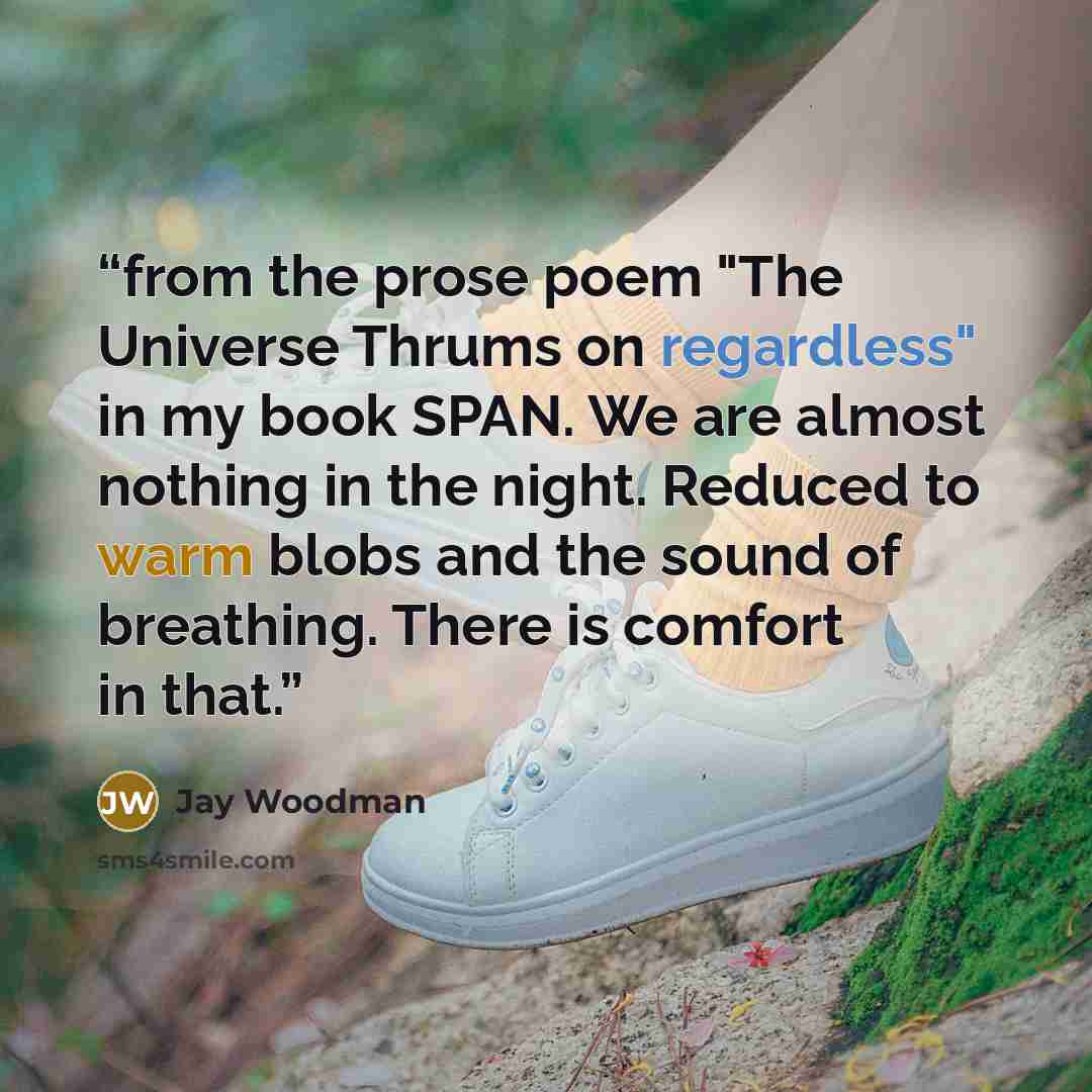 “from the prose poem "The Universe Thrums on regardless" in my book SPAN. We are almost nothing in the night. Reduced to warm blobs and the sound of breathing. There is comfort in that.” quote by Jay Woodman