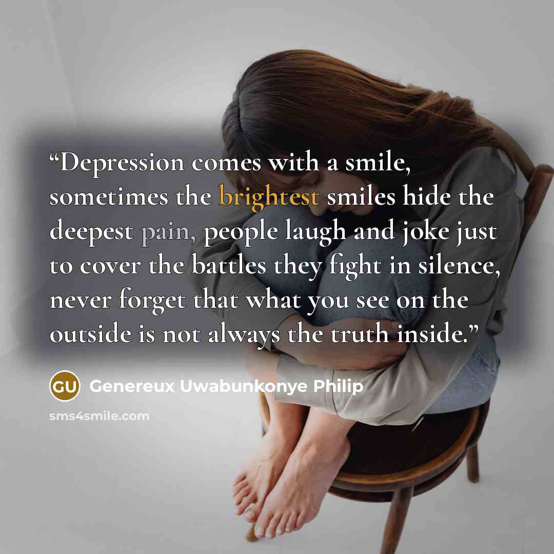 “Depression comes with a smile, sometimes the brightest smiles hide the deepest pain, people laugh and joke just to cover the battles they fight in silence, never forget that what you see on the outside is not always the truth inside.” quote by Genereux Uwabunkonye Philip