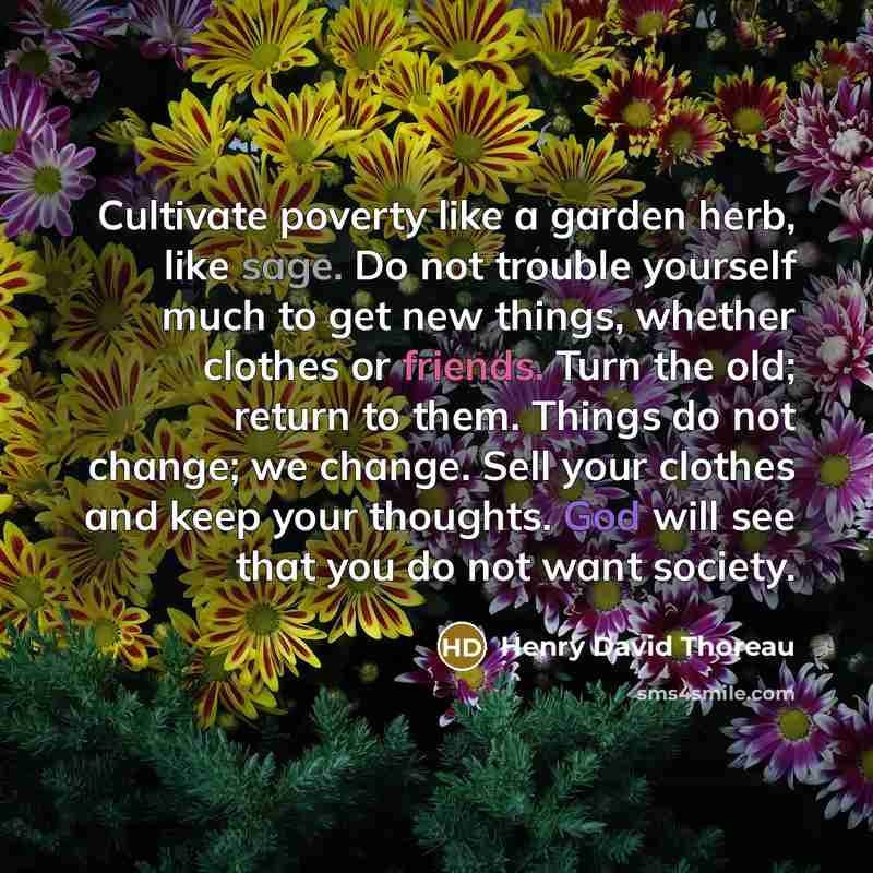“Cultivate poverty like a garden herb, like sage. Do not trouble yourself much to get new things, whether clothes or friends. Turn the old; return to them. Things do not change; we change. Sell your clothes and keep your thoughts. God will see that you do not want society.” quote by Henry David Thoreau