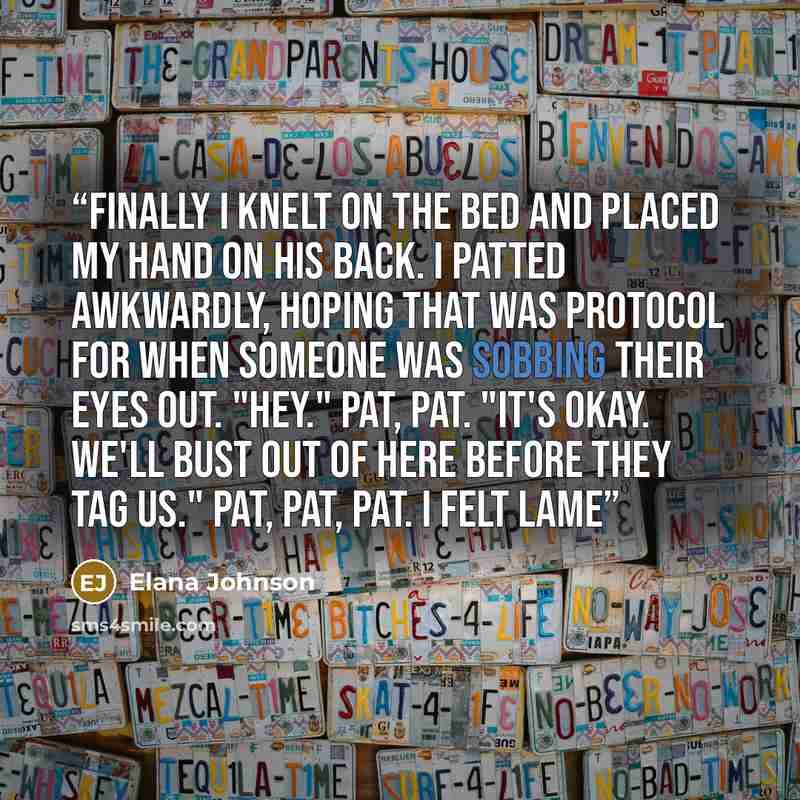 “Finally I knelt on the bed and placed my hand on his back. I patted awkwardly, hoping that was protocol for when someone was sobbing their eyes out. "hey." pat, pat. "It's okay. We'll bust out of here before they tag us." pat, pat, pat. I felt lame” quote by Elana Johnson
