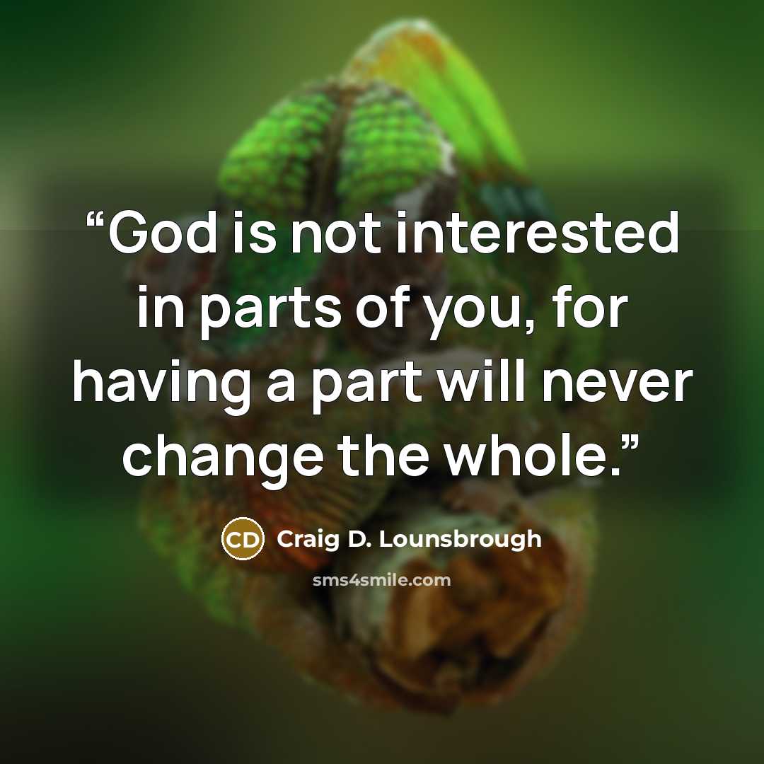 “God is not interested in parts of you, for having a part will never change the whole.” quote by Craig D. Lounsbrough