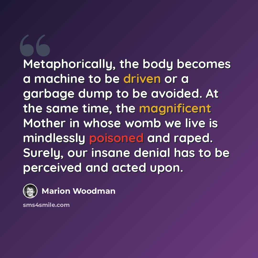 “Metaphorically, the body becomes a machine to be driven or a garbage dump to be avoided. At the same time, the magnificent Mother in whose womb we live is mindlessly poisoned and raped. Surely, our insane denial has to be perceived and acted upon.” quote by Marion Woodman