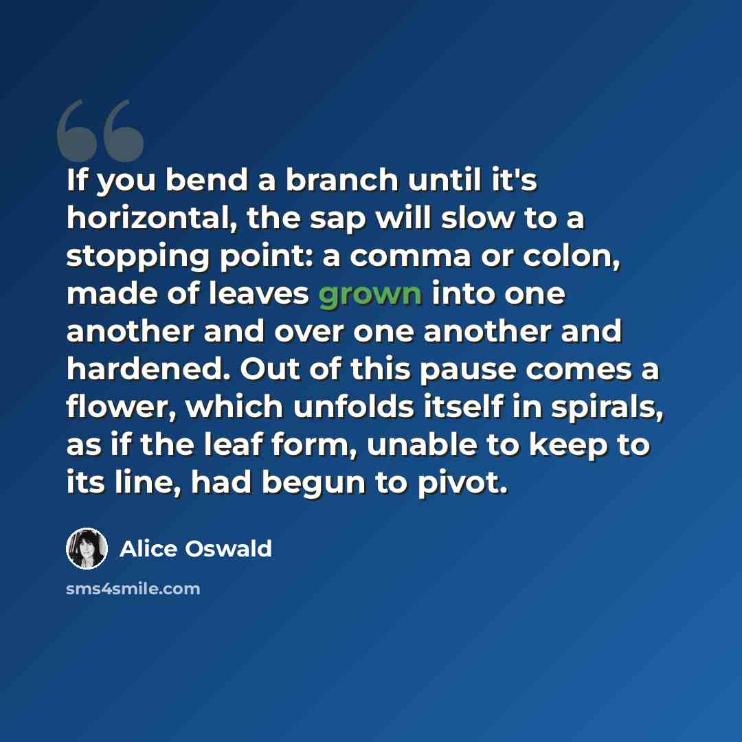 “If you bend a branch until it's horizontal, the sap will slow to a stopping point: a comma or colon, made of leaves grown into one another and over one another and hardened. Out of this pause comes a flower, which unfolds itself in spirals, as if the leaf form, unable to keep to its line, had…” quote by Alice Oswald