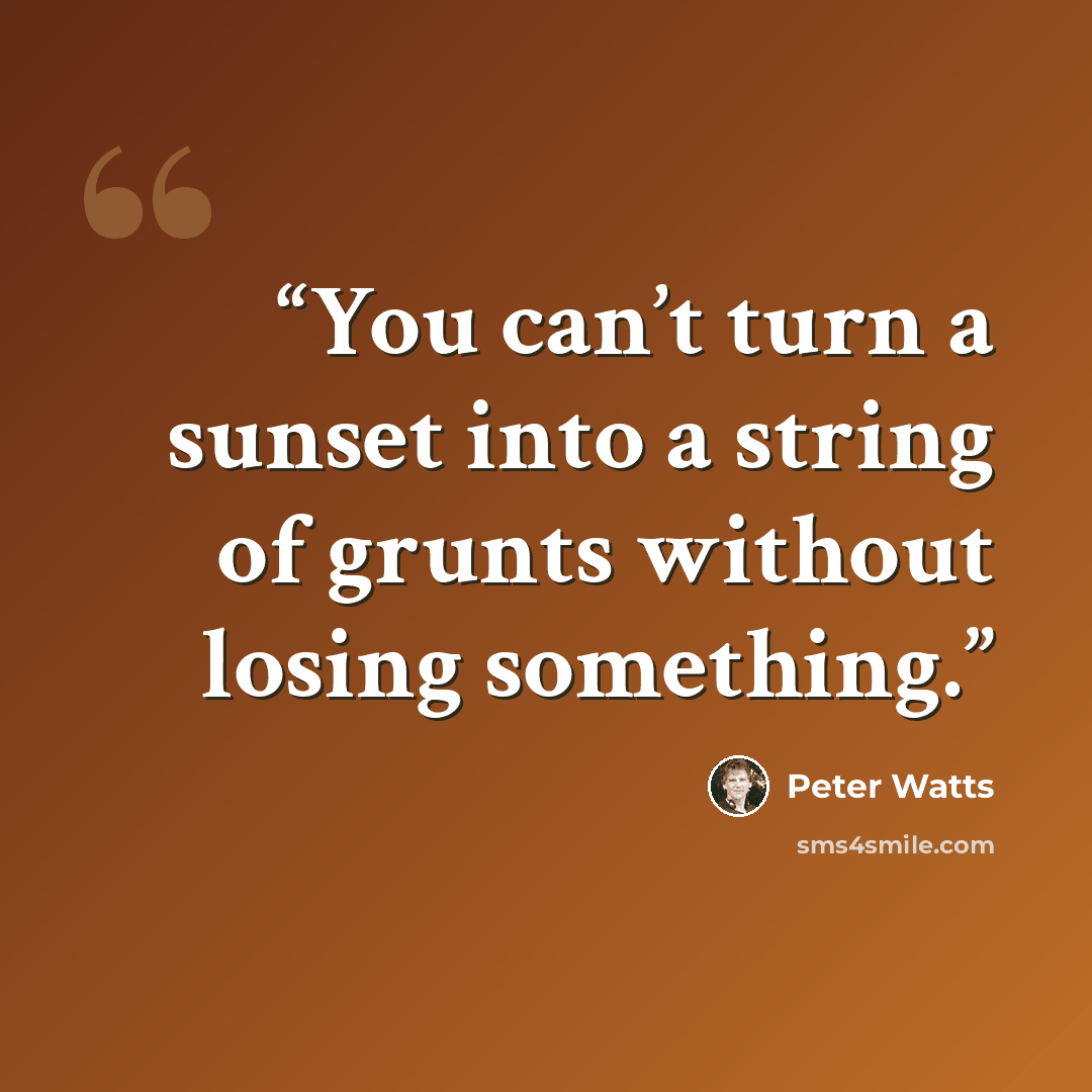 “You can’t turn a sunset into a string of grunts without losing something.” quote by Peter Watts