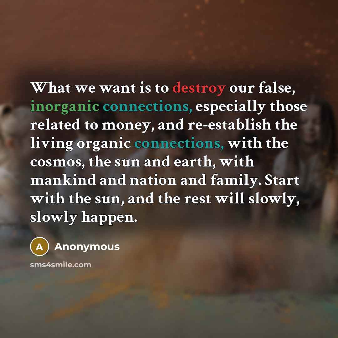 “What we want is to destroy our false, inorganic connections, especially those related to money, and re-establish the living organic connections, with the cosmos, the sun and earth, with mankind and nation and family. Start with the sun, and the rest will slowly, slowly happen.” quote by Anonymous
