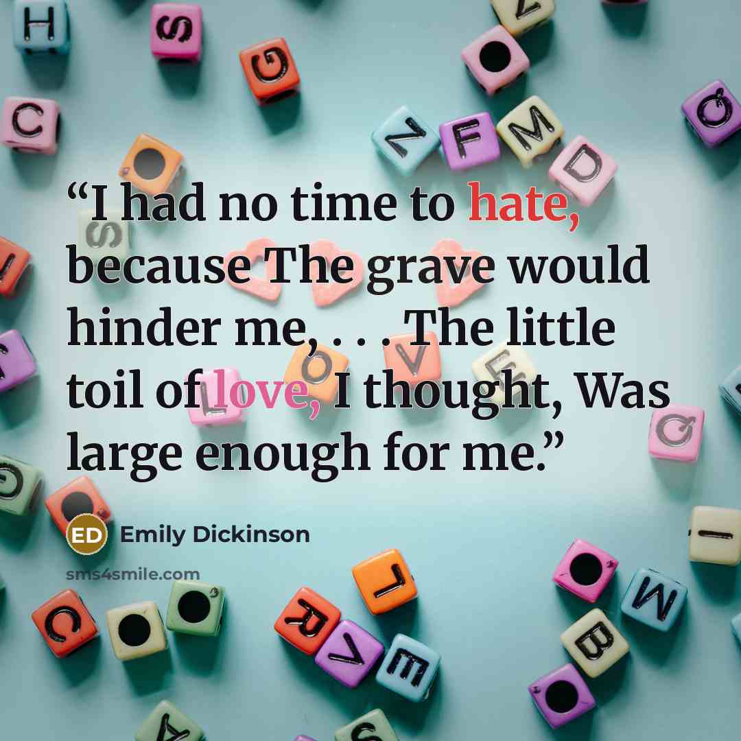 “I had no time to hate, because The grave would hinder me, . . . The little toil of love, I thought, Was large enough for me.” quote by Emily Dickinson