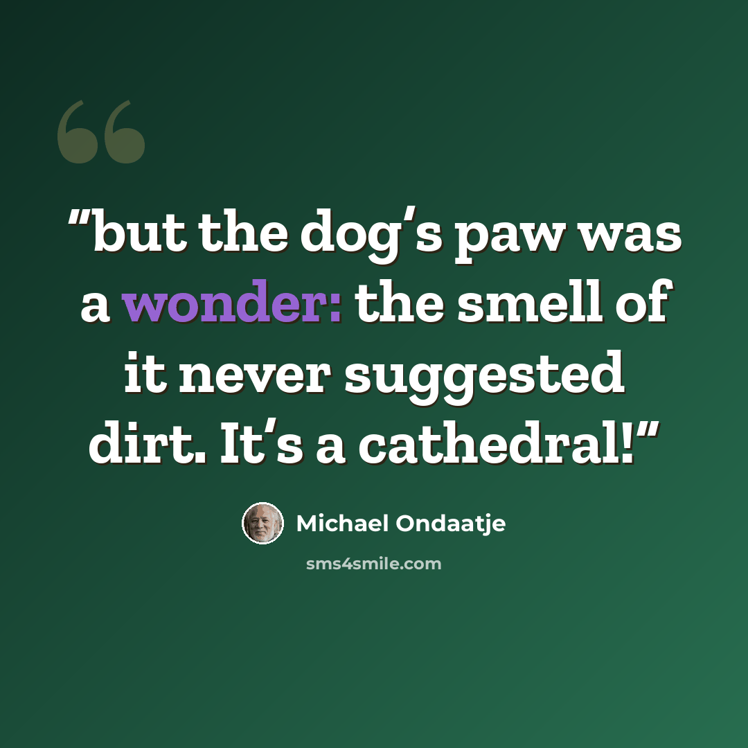 “but the dog’s paw was a wonder: the smell of it never suggested dirt. It’s a cathedral!” quote by Michael Ondaatje