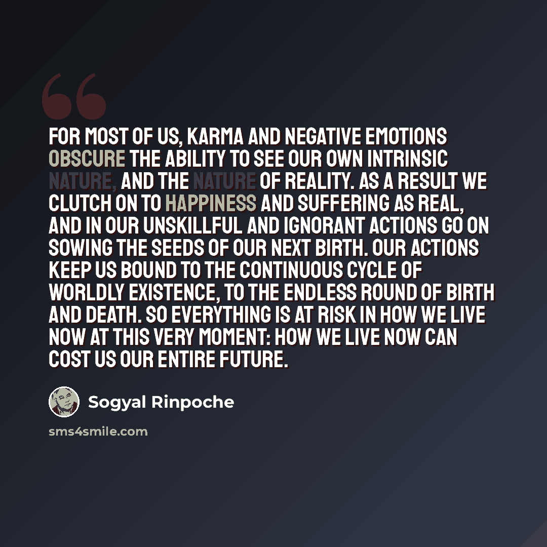 “For most of us, karma and negative emotions obscure the ability to see our own intrinsic nature, and the nature of reality. As a result we clutch on to happiness and suffering as real, and in our unskillful and ignorant actions go on sowing the seeds of our next birth. Our actions keep us bound to…” quote by Sogyal Rinpoche