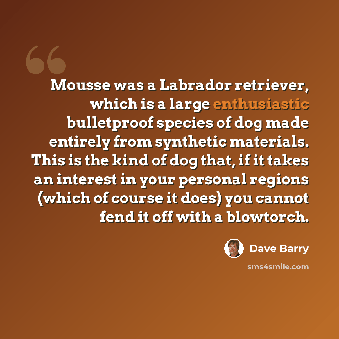 “Mousse was a Labrador retriever, which is a large enthusiastic bulletproof species of dog made entirely from synthetic materials. This is the kind of dog that, if it takes an interest in your personal regions (which of course it does) you cannot fend it off with a blowtorch.” quote by Dave Barry