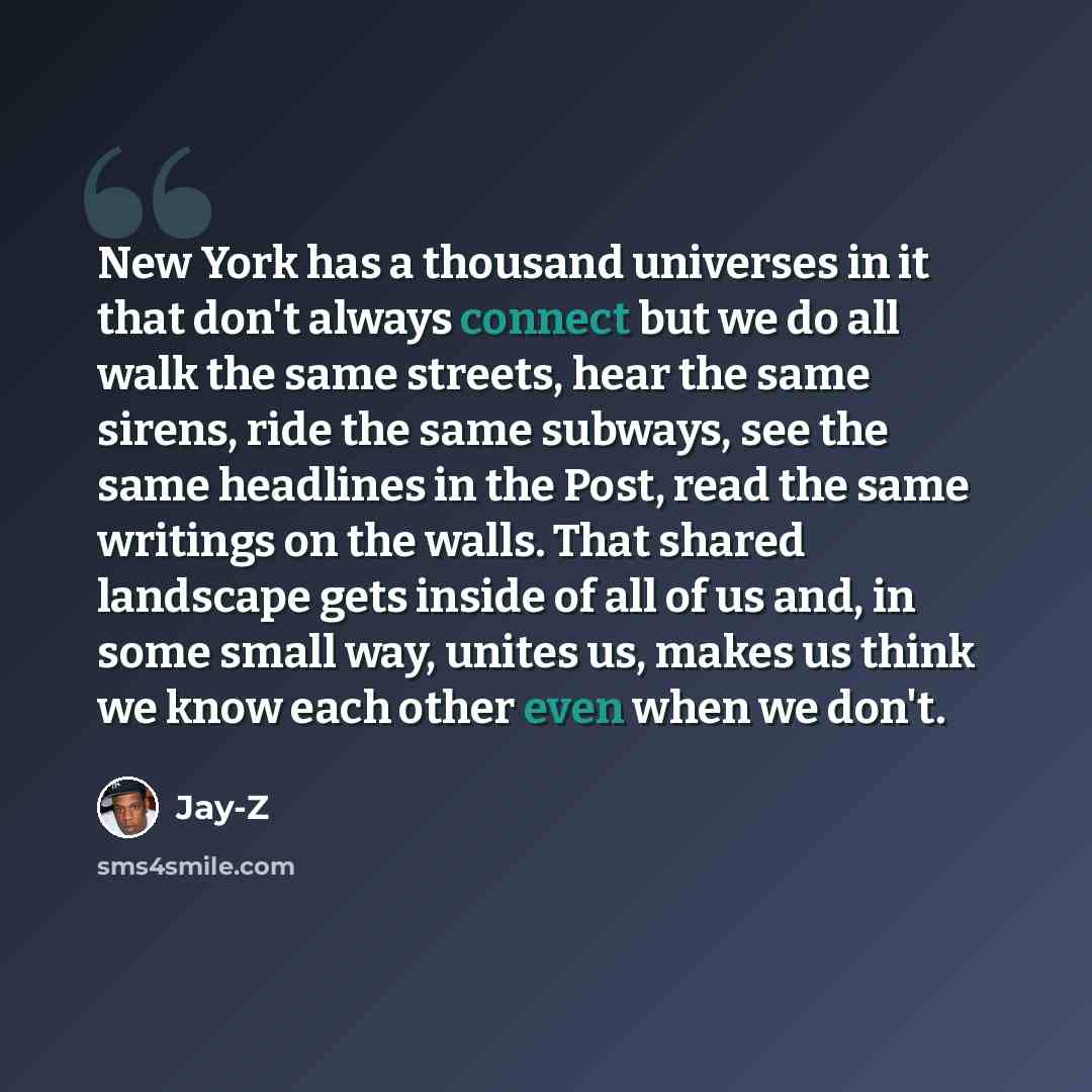 “New York has a thousand universes in it that don't always connect but we do all walk the same streets, hear the same sirens, ride the same subways, see the same headlines in the Post, read the same writings on the walls. That shared landscape gets inside of all of us and, in some small way, unites…” quote by Jay-Z