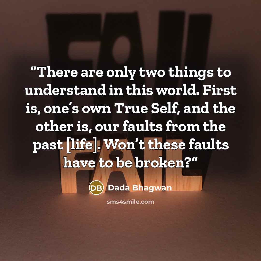 “There are only two things to understand in this world. First is, one’s own True Self, and the other is, our faults from the past [life]. Won’t these faults have to be broken?” quote by Dada Bhagwan