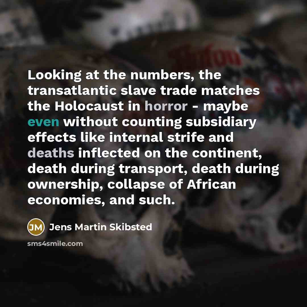 “Looking at the numbers, the transatlantic slave trade matches the Holocaust in horror - maybe even without counting subsidiary effects like internal strife and deaths inflected on the continent, death during transport, death during ownership, collapse of African economies, and such.” quote by Jens Martin Skibsted