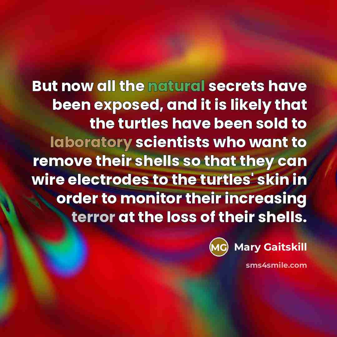 “But now all the natural secrets have been exposed, and it is likely that the turtles have been sold to laboratory scientists who want to remove their shells so that they can wire electrodes to the turtles' skin in order to monitor their increasing terror at the loss of their shells.” quote by Mary Gaitskill
