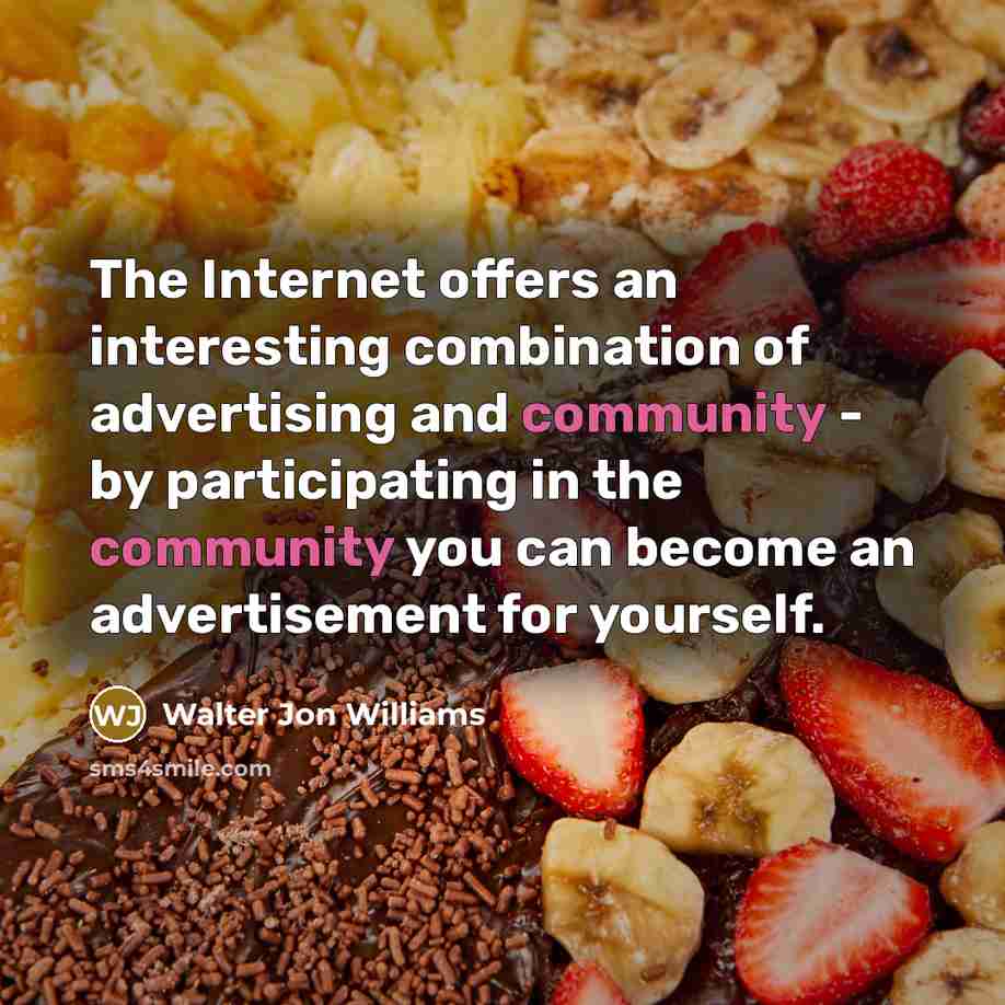 “The Internet offers an interesting combination of advertising and community - by participating in the community you can become an advertisement for yourself.” quote by Walter Jon Williams