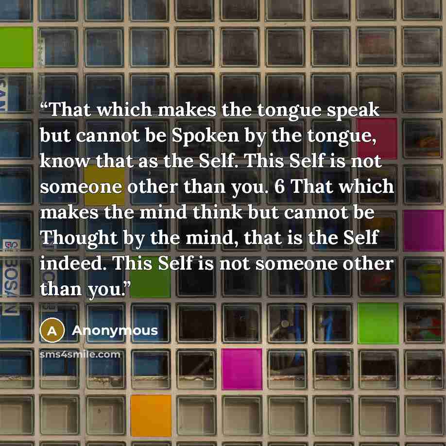 “That which makes the tongue speak but cannot be Spoken by the tongue, know that as the Self. This Self is not someone other than you. 6 That which makes the mind think but cannot be Thought by the mind, that is the Self indeed. This Self is not someone other than you.” quote by Anonymous