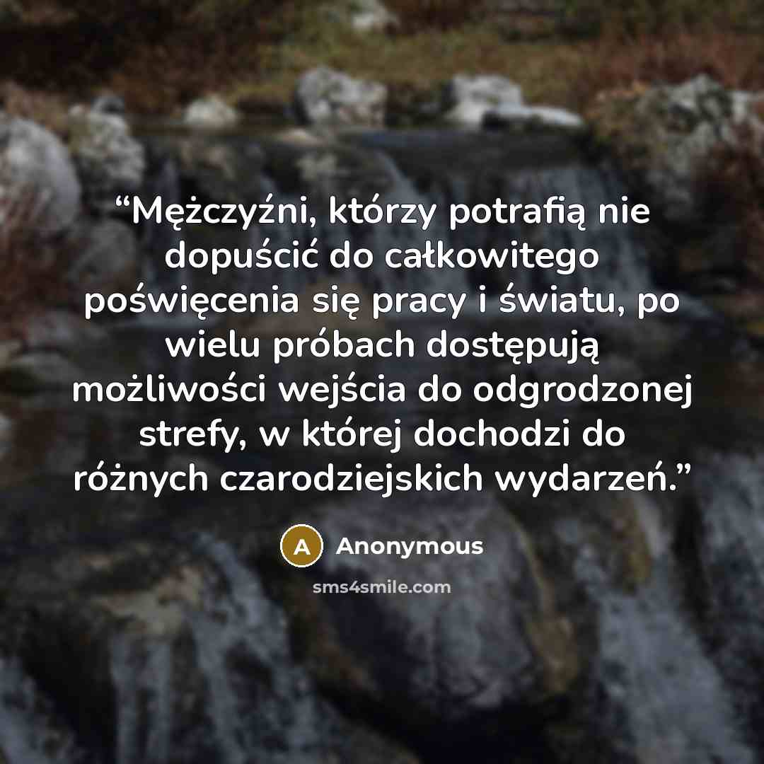 “Mężczyźni, którzy potrafią nie dopuścić do całkowitego poświęcenia się pracy i światu, po wielu próbach dostępują możliwości wejścia do odgrodzonej strefy, w której dochodzi do różnych czarodziejskich wydarzeń.” quote by Anonymous