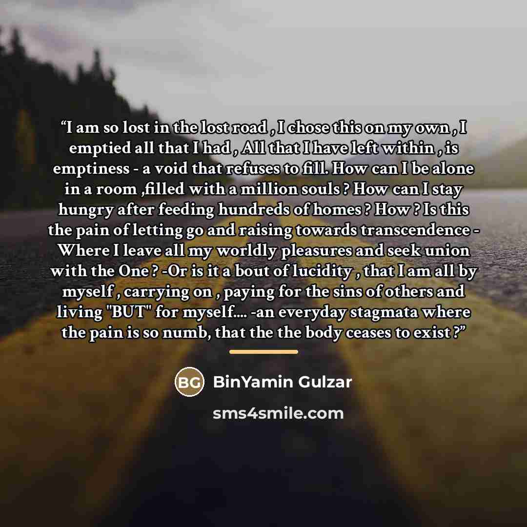 “I am so lost in the lost road , I chose this on my own , I emptied all that I had , All that I have left within , is emptiness - a void that refuses to fill. How can I be alone in a room ,filled with a million souls ? How can I stay hungry after feeding hundreds of homes ? How ? Is this the pain…” quote by BinYamin Gulzar