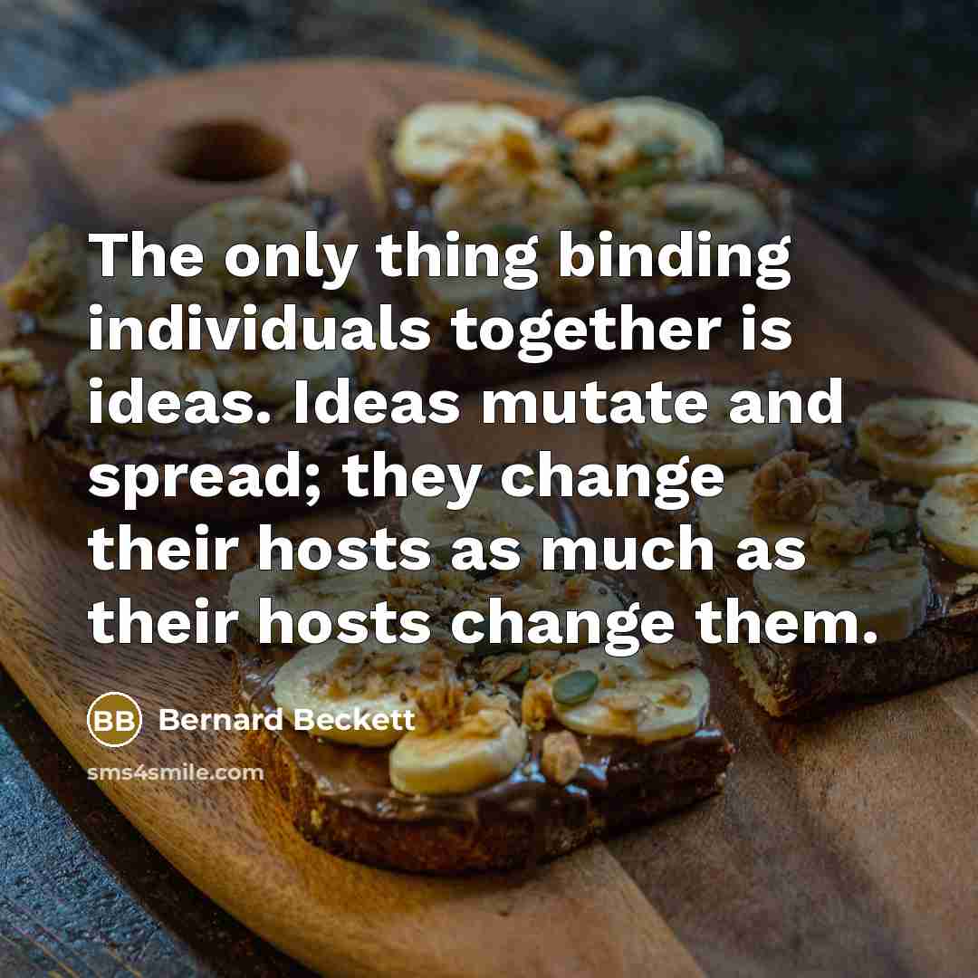 “The only thing binding individuals together is ideas. Ideas mutate and spread; they change their hosts as much as their hosts change them.” quote by Bernard Beckett