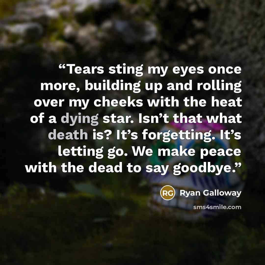 “Tears sting my eyes once more, building up and rolling over my cheeks with the heat of a dying star. Isn’t that what death is? It’s forgetting. It’s letting go. We make peace with the dead to say goodbye.” quote by Ryan Galloway
