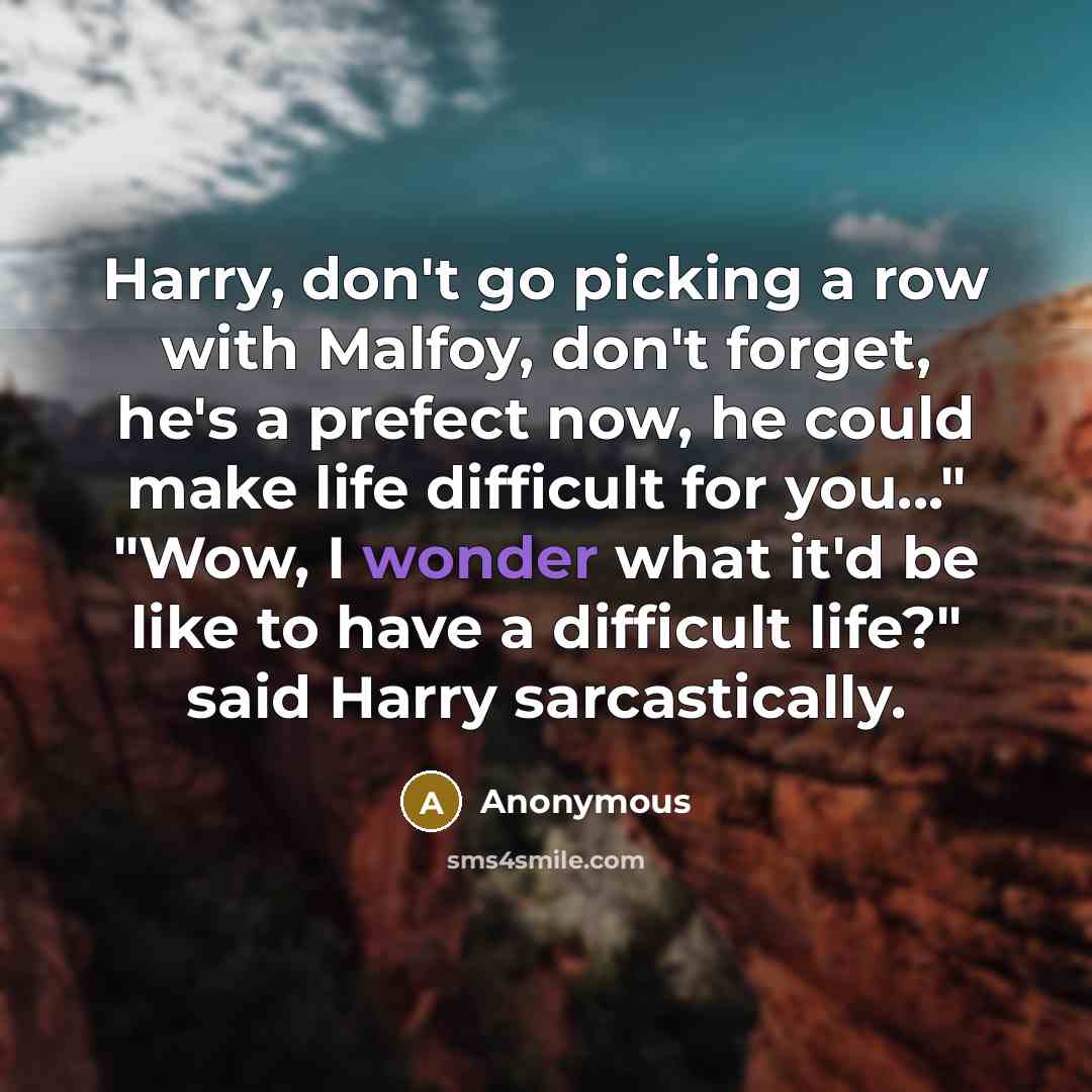 “Harry, don't go picking a row with Malfoy, don't forget, he's a prefect now, he could make life difficult for you..." "Wow, I wonder what it'd be like to have a difficult life?" said Harry sarcastically.” quote by Anonymous