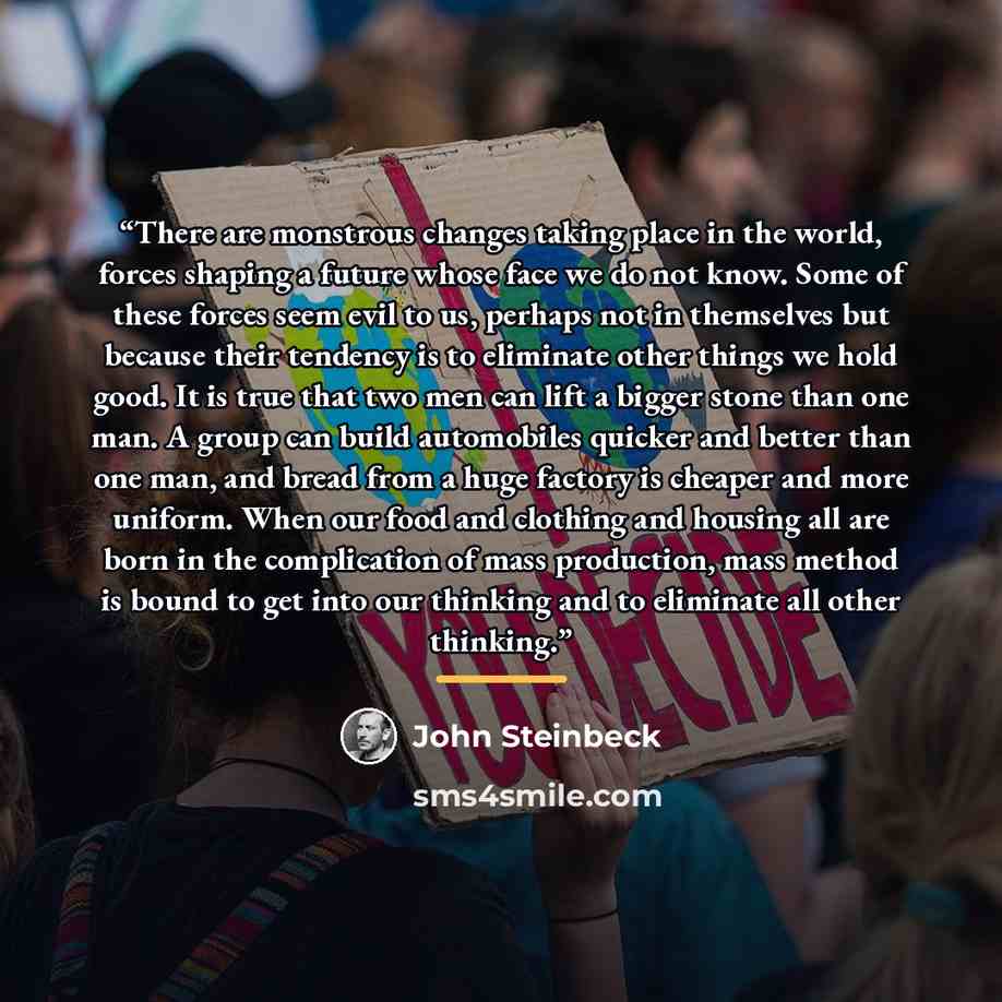 “There are monstrous changes taking place in the world, forces shaping a future whose face we do not know. Some of these forces seem evil to us, perhaps not in themselves but because their tendency is to eliminate other things we hold good. It is true that two men can lift a bigger stone than one…” quote by John Steinbeck
