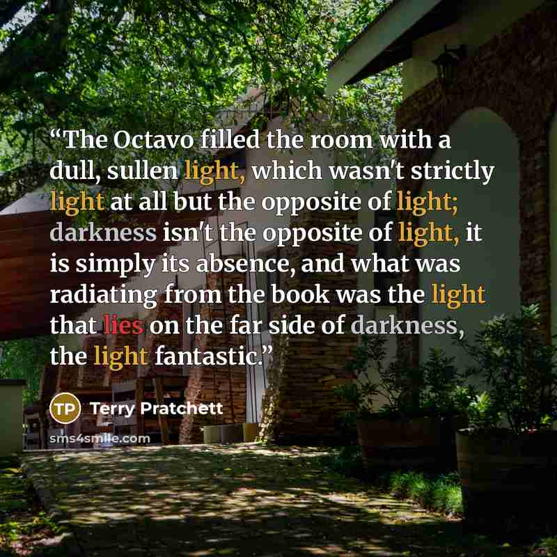 “The Octavo filled the room with a dull, sullen light, which wasn't strictly light at all but the opposite of light; darkness isn't the opposite of light, it is simply its absence, and what was radiating from the book was the light that lies on the far side of darkness, the light fantastic.” quote by Terry Pratchett