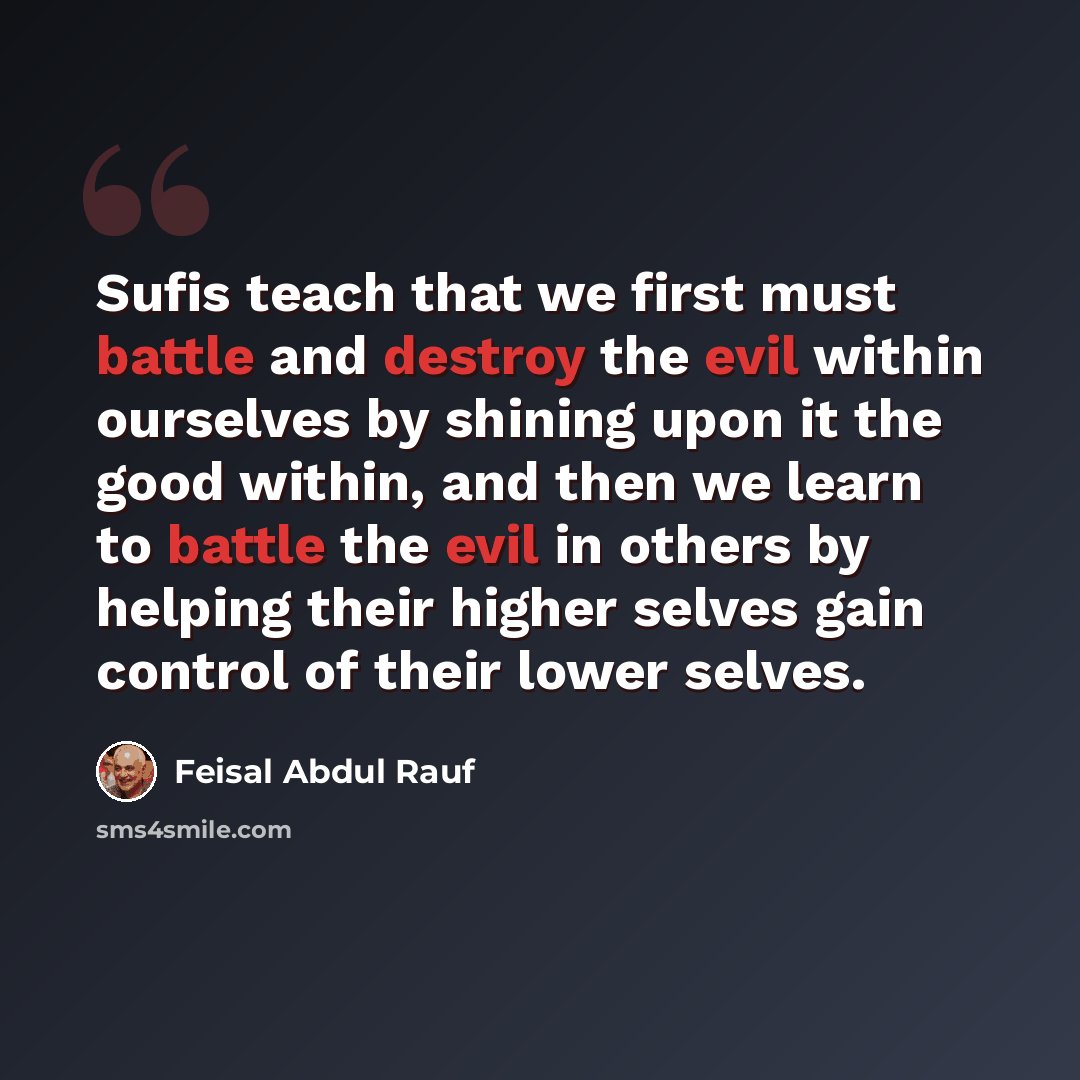 “Sufis teach that we first must battle and destroy the evil within ourselves by shining upon it the good within, and then we learn to battle the evil in others by helping their higher selves gain control of their lower selves.” quote by Feisal Abdul Rauf