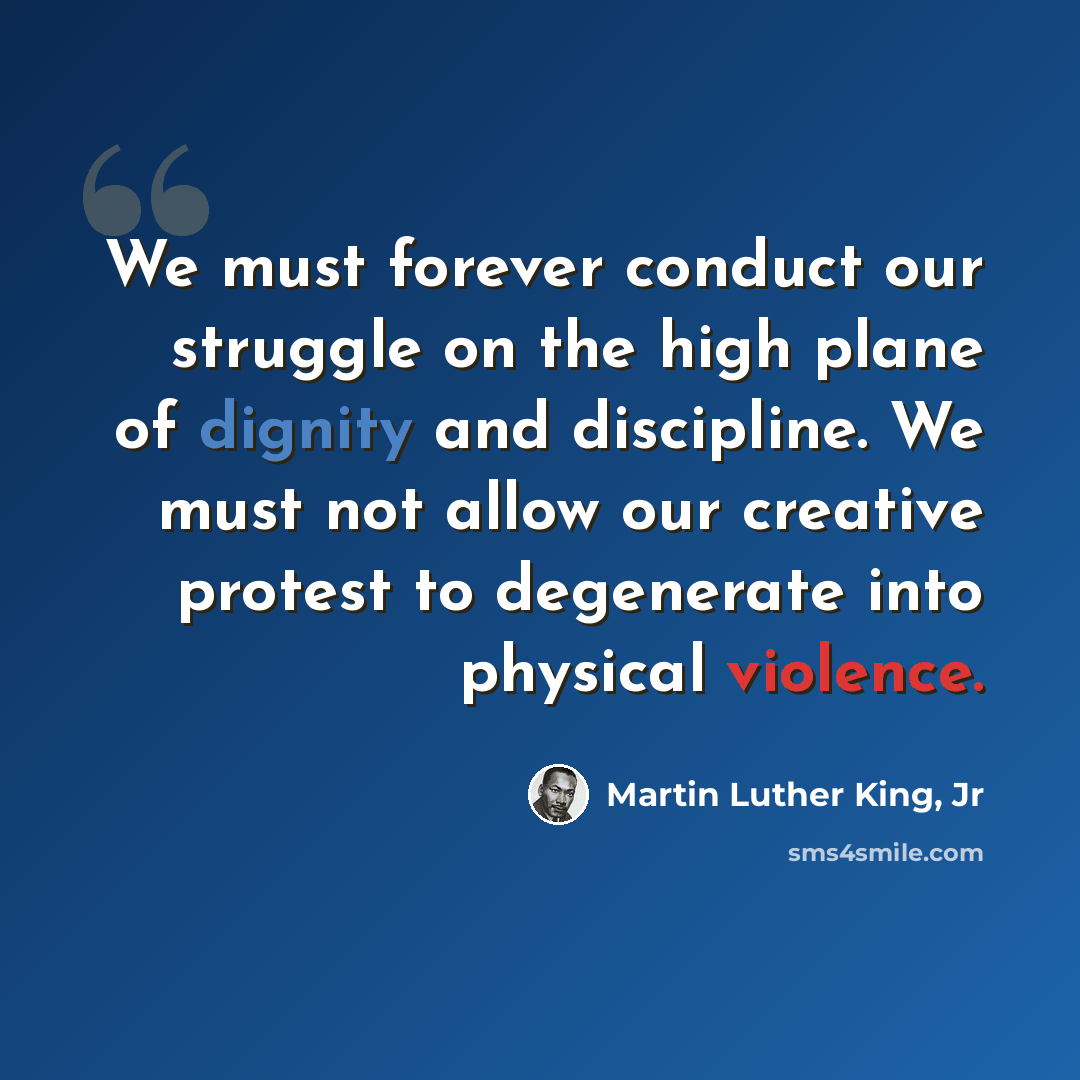 “We must forever conduct our struggle on the high plane of dignity and discipline. We must not allow our creative protest to degenerate into physical violence.” quote by Martin Luther King, Jr
