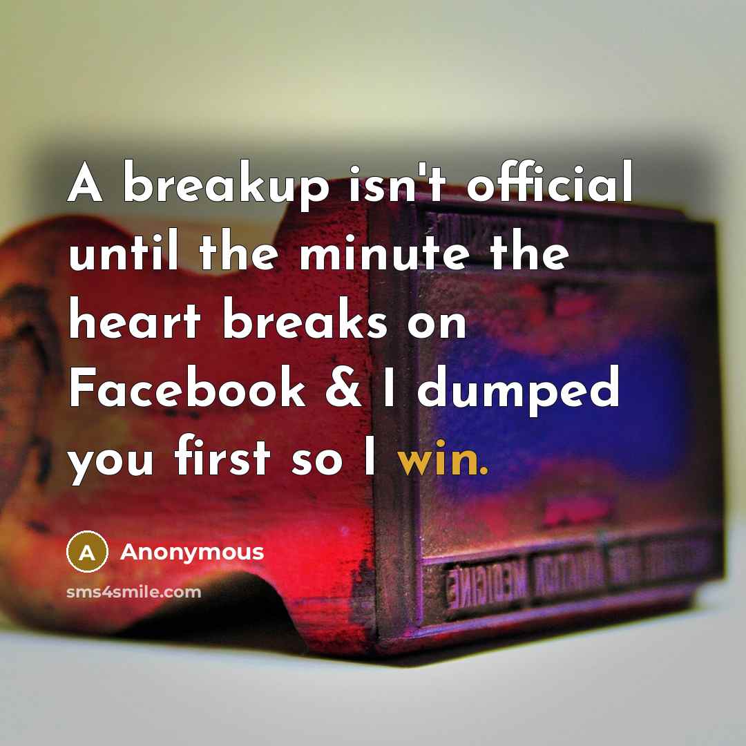 “A breakup isn't official until the minute the heart breaks on Facebook & I dumped you first so I win.” quote by Anonymous