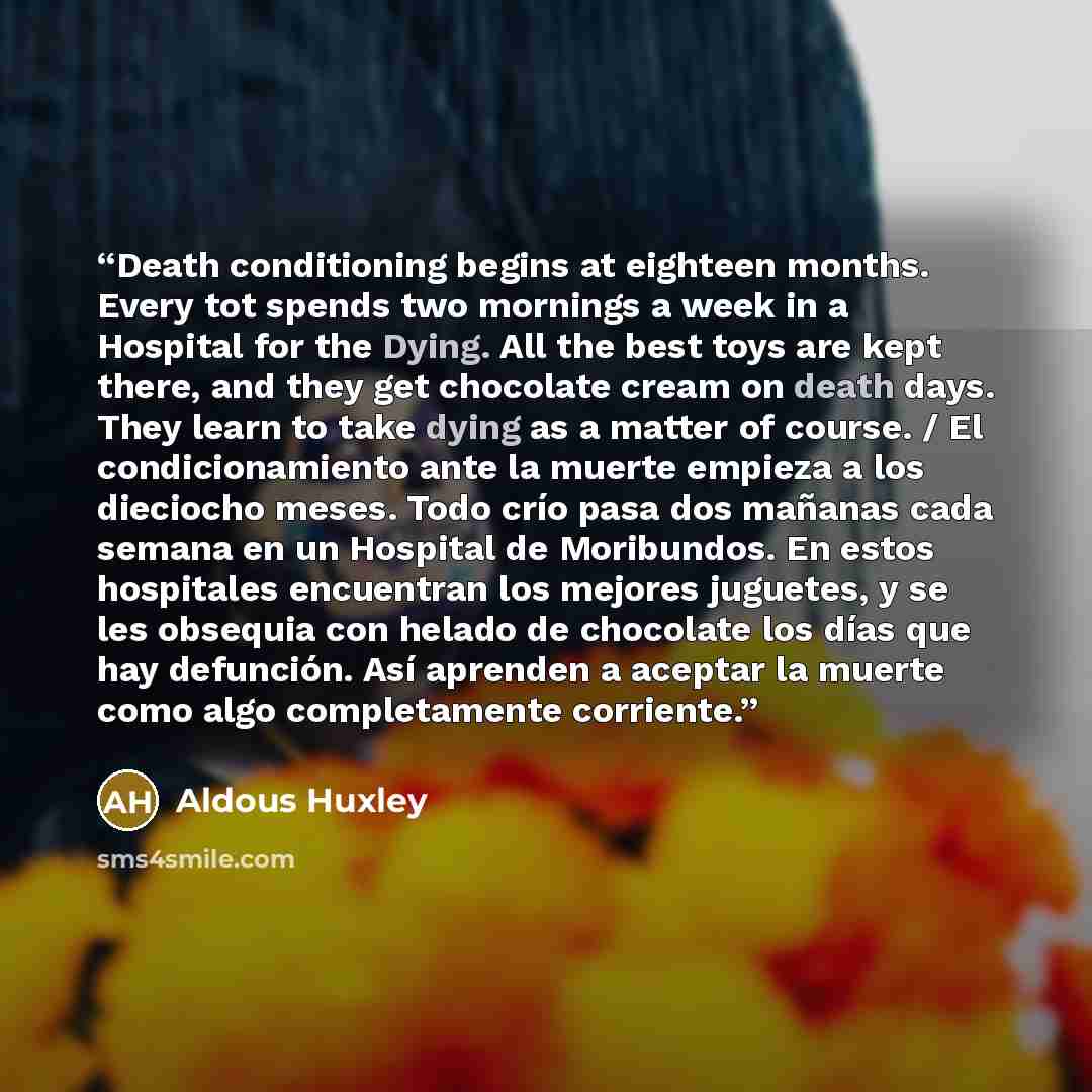 “Death conditioning begins at eighteen months. Every tot spends two mornings a week in a Hospital for the Dying. All the best toys are kept there, and they get chocolate cream on death days. They learn to take dying as a matter of course. / El condicionamiento ante la muerte empieza a los dieciocho…” quote by Aldous Huxley