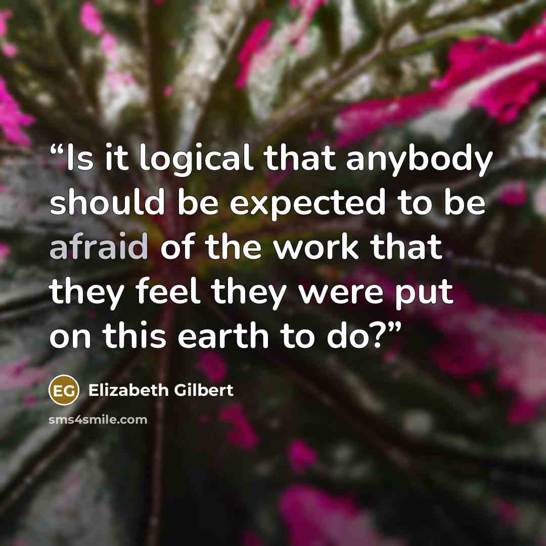 “Is it logical that anybody should be expected to be afraid of the work that they feel they were put on this earth to do?” quote by Elizabeth Gilbert